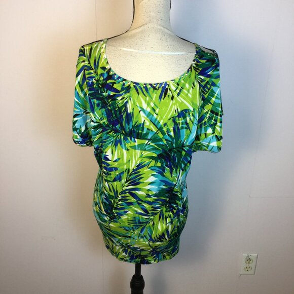 Cache Knit Top Sweater Sz XS Womans Green Blue Floral Knit Studded Short Sleeve - Picture 2 of 13